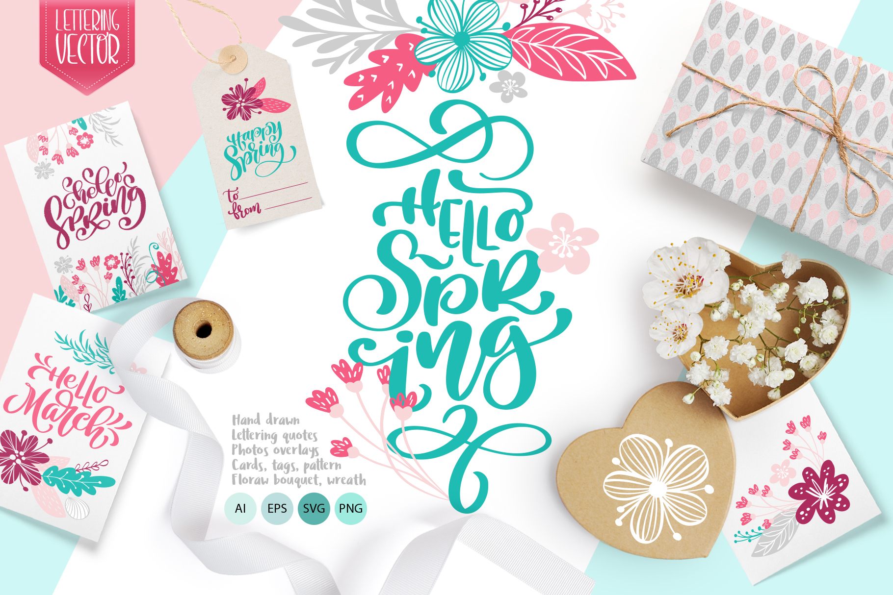 Spring Vector Lettering Floral Greeting Card Design Kit